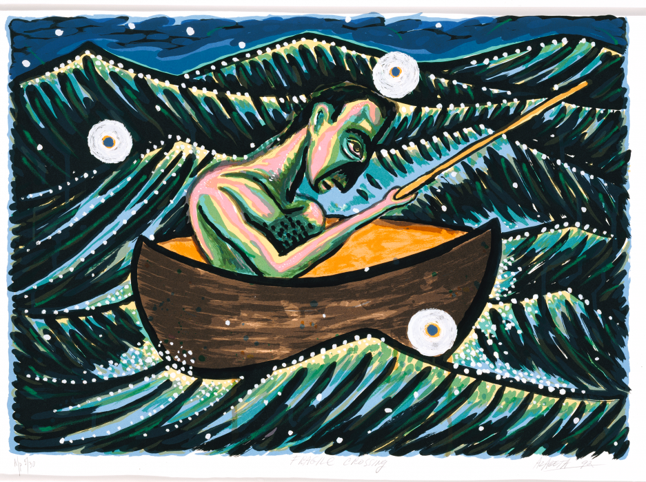 Photo of screen-printed image showing man in small boat riding sharp waves; three small white circles surround him