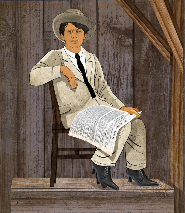 Ilustración de Luisa Capetillo sentada en una silla con un periódico en la falda. 