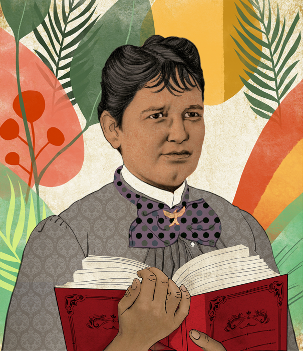 Illustration of Lola Rodríguez de Tió holding a book.  