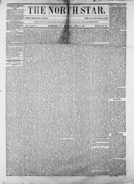 Photo of black and white front page of the January 21, 1848, edition of The North Star newspaper.