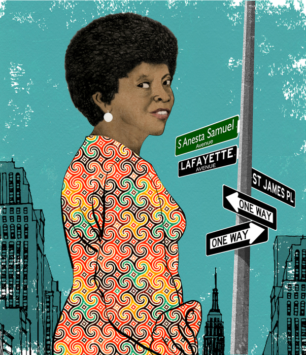 Illustration of S. Anesta Samuel, behind her, is the Empire State Building and a street sign reading “S Anesta Samuel Avenue.”  