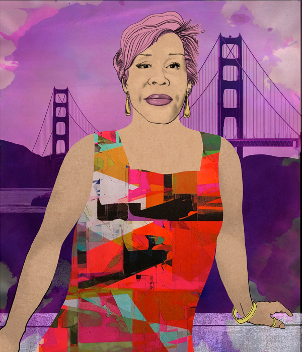 Illustration of Adela Vázquez with San Francisco's Golden Gate Bridge in the background.
