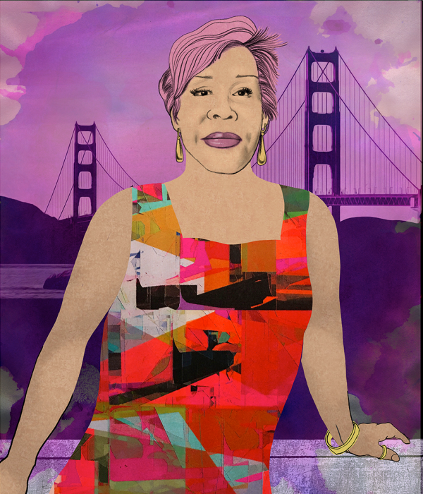 Illustration of Adela Vázquez with San Francisco's Golden Gate Bridge in the background.  