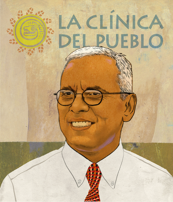 Ilustración del médico salvadoreño, Juan Romagoza, mirando a la izquierda, sonriendo. 