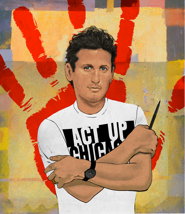 Illustration of Puerto Rican and Mexican AIDS activist and cartoonist, Danny Sotomayor with arms crossed..