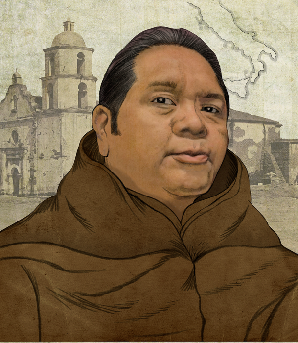 Illustration of Pablo Tac wearing a brown, Franciscan hooded cassock.
