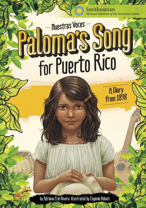 Book cover with green leaves in the background. A young girl is depicted in the center of the cover. She has long brunette hair and slightly dark skin. She is holding a beige hat with her hands. 