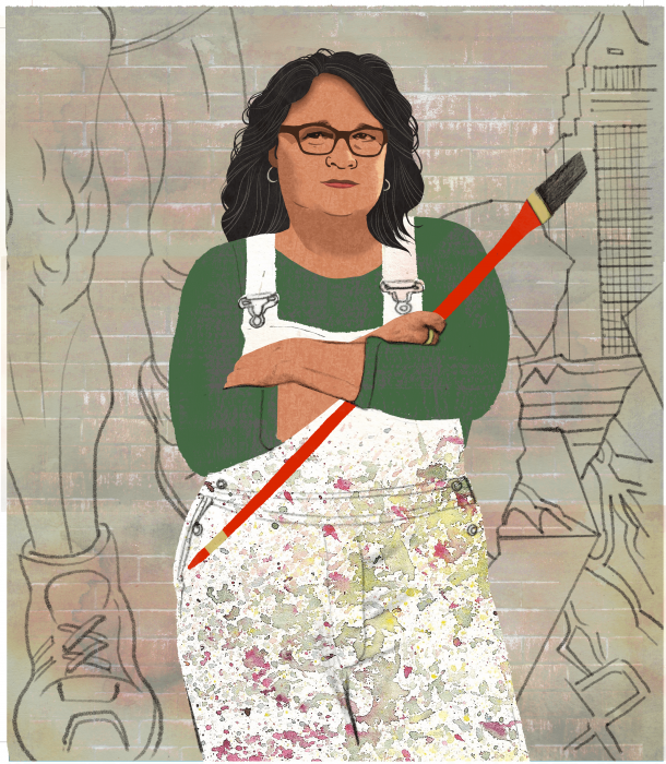 Ilustración de Judy Baca con un gran pincel frente a un mural.