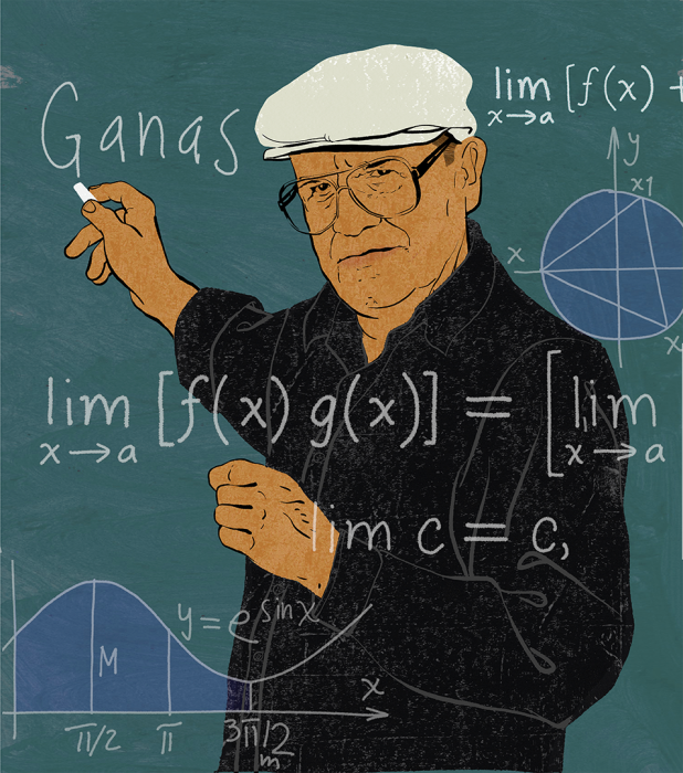 Illustrated portrait of Jaime Escalante writing calculus equations on a blackboard while looking directly at us.  