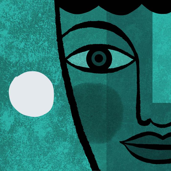 Digital illustration of half of a face with a full moon next to it. 