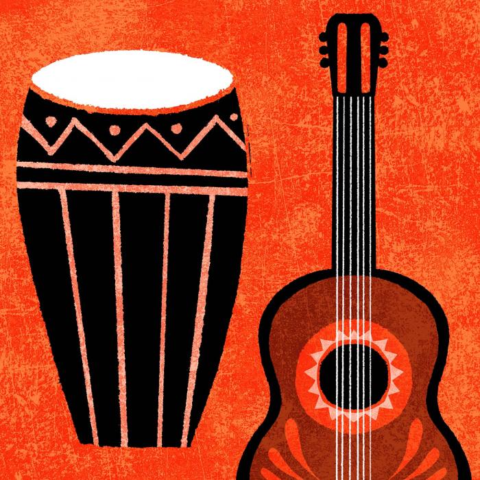 Digital illustration of a conga, a tall, narrow drum, and a guitar next to it. 