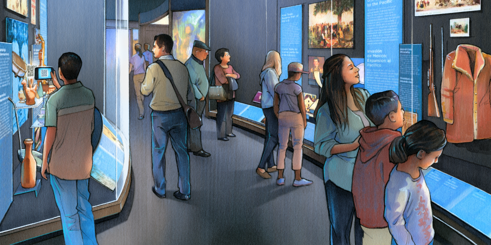 Artist rendering of a smaller exhibition case in the Molina Family Latino Gallery 