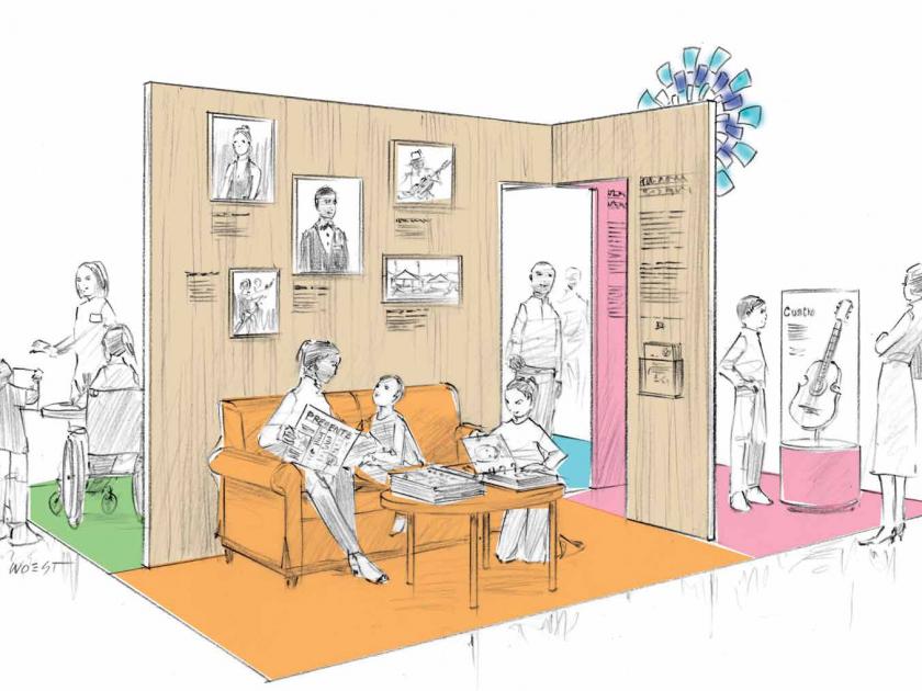 Illustrated concept of a museum pop-up exhibit designed like a living room. A woman and two children sit on an orange couch reading bilingual materials. Portraits of Latino figures hang on wood-paneled walls behind them. To the left, a woman assists a child near a green mat. On the right, a boy and an adult view a guitar labeled “Cuatro” on display against a pink floor. Visitors walk through a doorway framed by turquoise and pink flooring, beneath a colorful radial artwork.