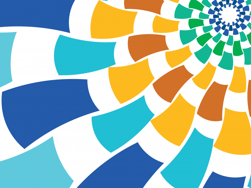 Colorful abstract geometric pattern featuring a radial design with sections in shades of blue, orange, green, and white.