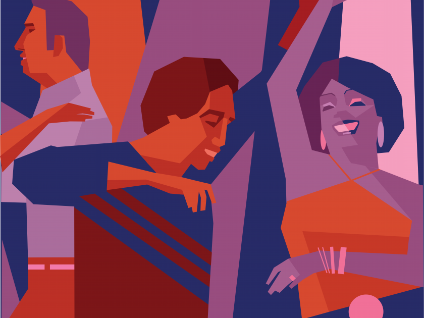Illustration of couples dancing salsa in a colorful, abstract style.