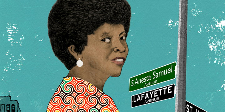 Illustration of S. Anesta Samuel, behind her, is the Empire State Building and a street sign reading “S Anesta Samuel Avenue.”