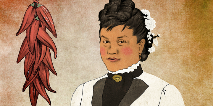 Illustration of Encarnación Pinedo facing the viewer, holding a cookbook and stone pestle.