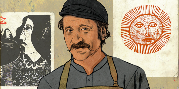Illustration of Naúl Ojeda holding a woodblock with a sun motif carving.