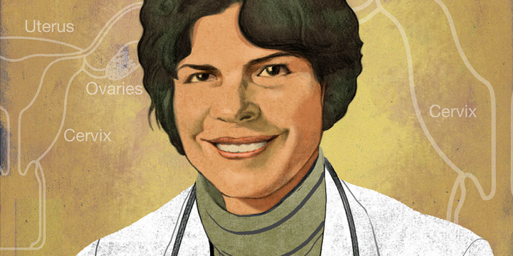 Ilustración de Helen Rodríguez-Trías con una bata médica y estetoscopio.
