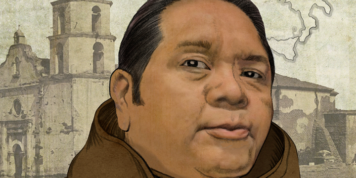 Illustration of Pablo Tac wearing a brown, Franciscan hooded cassock.