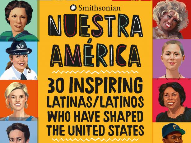 Caratula de libro Nuestra América que contiene diferentes retratos ilustrados alrededor del titulo del libro.  