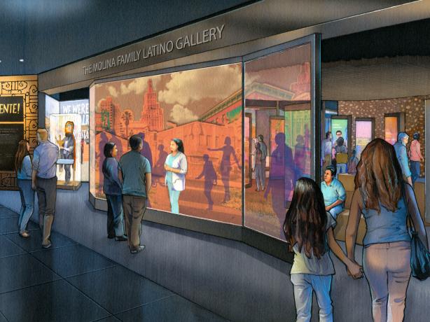 Illustration of people in a museum exhibit