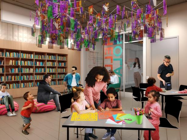 Rendering of the GM Learning Lounge with people enjoying crafting activities