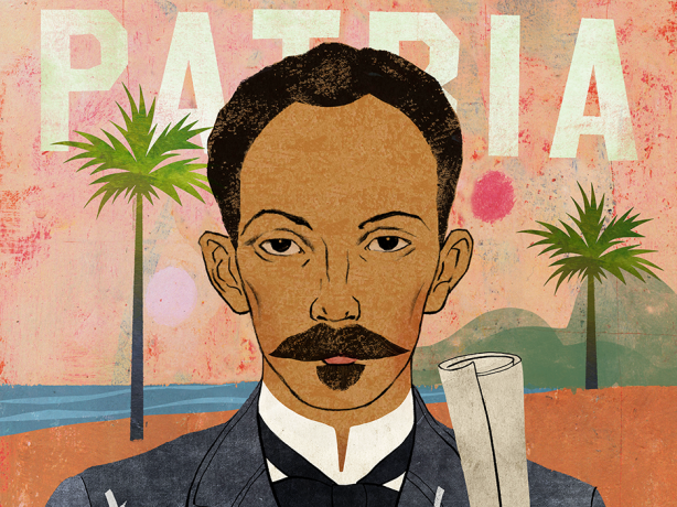 Illustration of Cuban patriot, José Martí standing with his right arm across his chest, a document rolled up in his fist. 