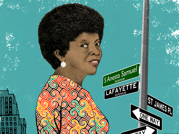 Illustration of S. Anesta Samuel, behind her, is the Empire State Building and a street sign reading “S Anesta Samuel Avenue.”
