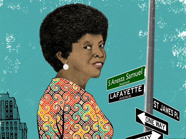 Illustration of S. Anesta Samuel, behind her, is the Empire State Building and a street sign reading “S Anesta Samuel Avenue.”  