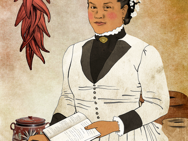 Illustration of Encarnación Pinedo facing the viewer, holding a cookbook and stone pestle. 