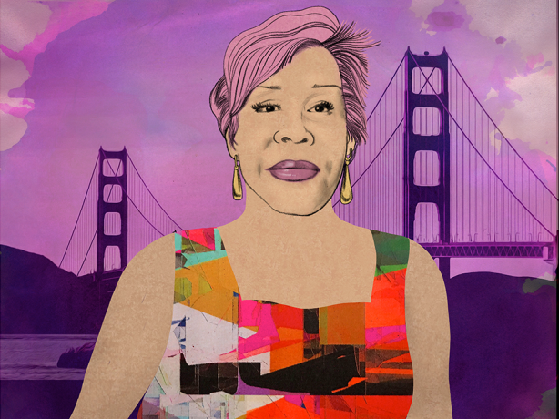 Illustration of Adela Vázquez with San Francisco's Golden Gate Bridge in the background.  