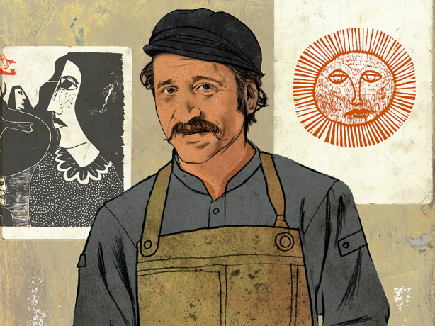 Illustration of Naúl Ojeda holding a woodblock with a sun motif carving.