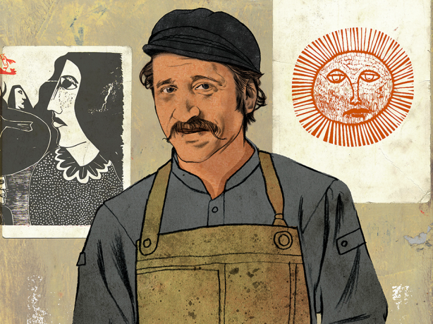 Illustration of Naúl Ojeda holding a woodblock with a sun motif carving. 