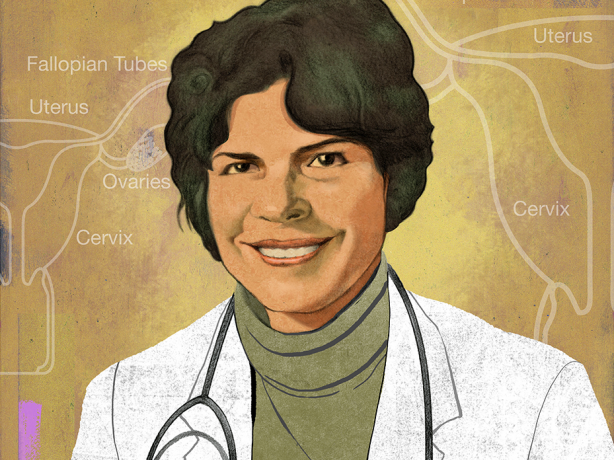 Illustration of Helen Rodríguez-Trías wearing a doctor’s coat and stethoscope.