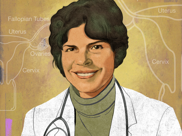 Illustration of Helen Rodríguez-Trías wearing a doctor’s coat and stethoscope.  