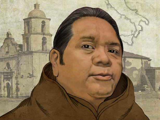 Illustration of Pablo Tac wearing a brown, Franciscan hooded cassock.