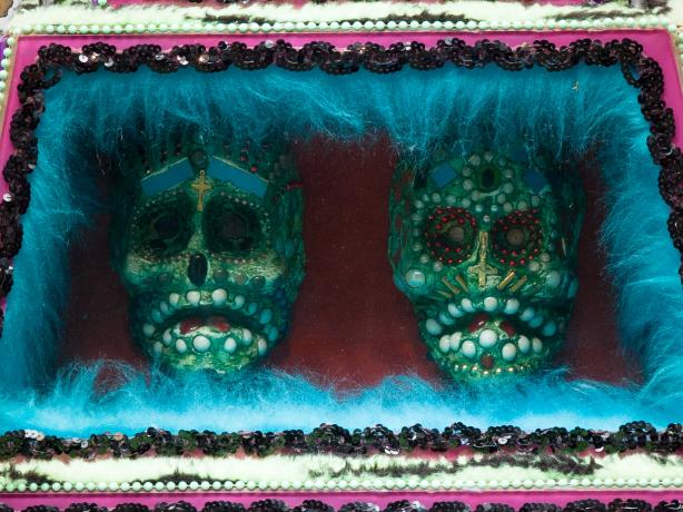 Detail of de la Torre Brothers piece “Baja Kali” with decorated skulls.