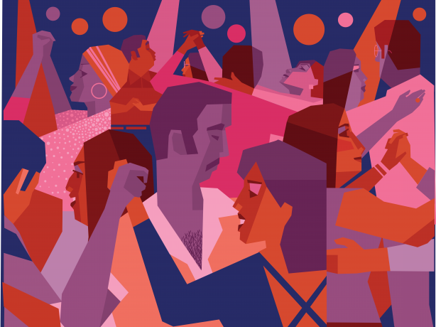 Illustration of couples dancing salsa in a colorful, abstract style.