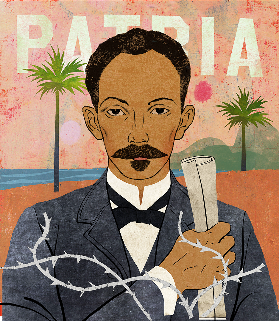 00154-D3-2021.11.30 Illustration of Cuban patriot, José Martí standing with his right arm across his chest, a document rolled up in his fist.