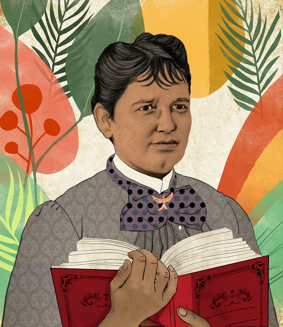 Illustration of Lola Rodríguez de Tió holding a book.