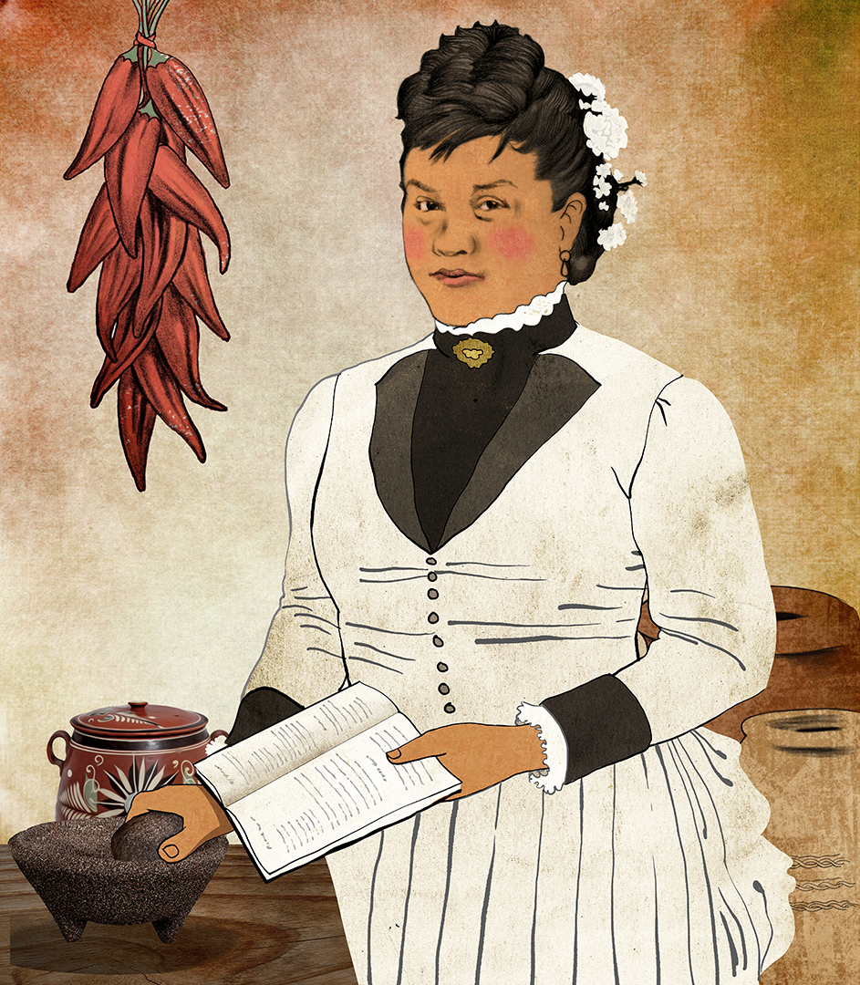 Illustration of Encarnación Pinedo facing the viewer, holding a cookbook and stone pestle.