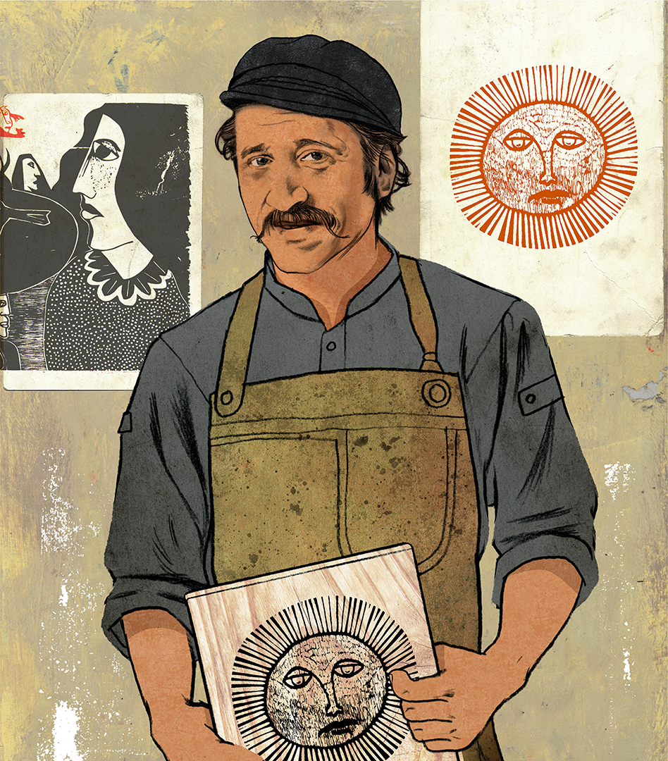 Illustration of Naúl Ojeda holding a woodblock with a sun motif carving.