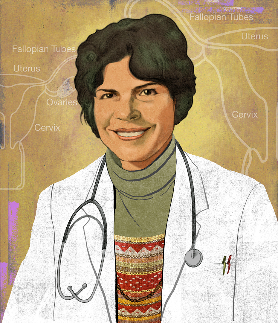 00557-D3-2021.11.30.png Illustration of Helen Rodríguez-Trías wearing a doctor’s coat and stethoscope.