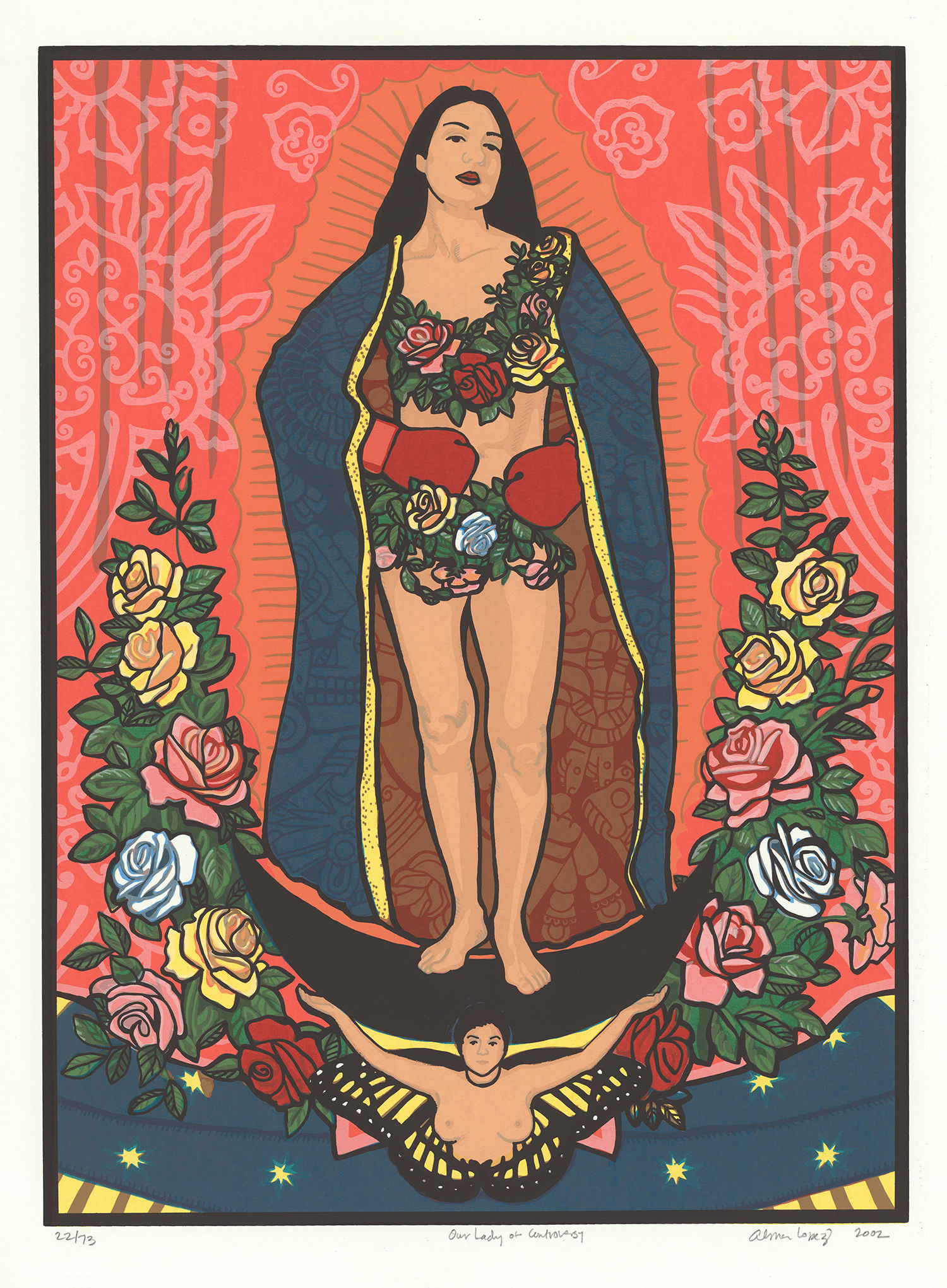 00711-D2-2021.11.10 Representation of the Virgin Mary with boxing gloves and cape encircled with roses.