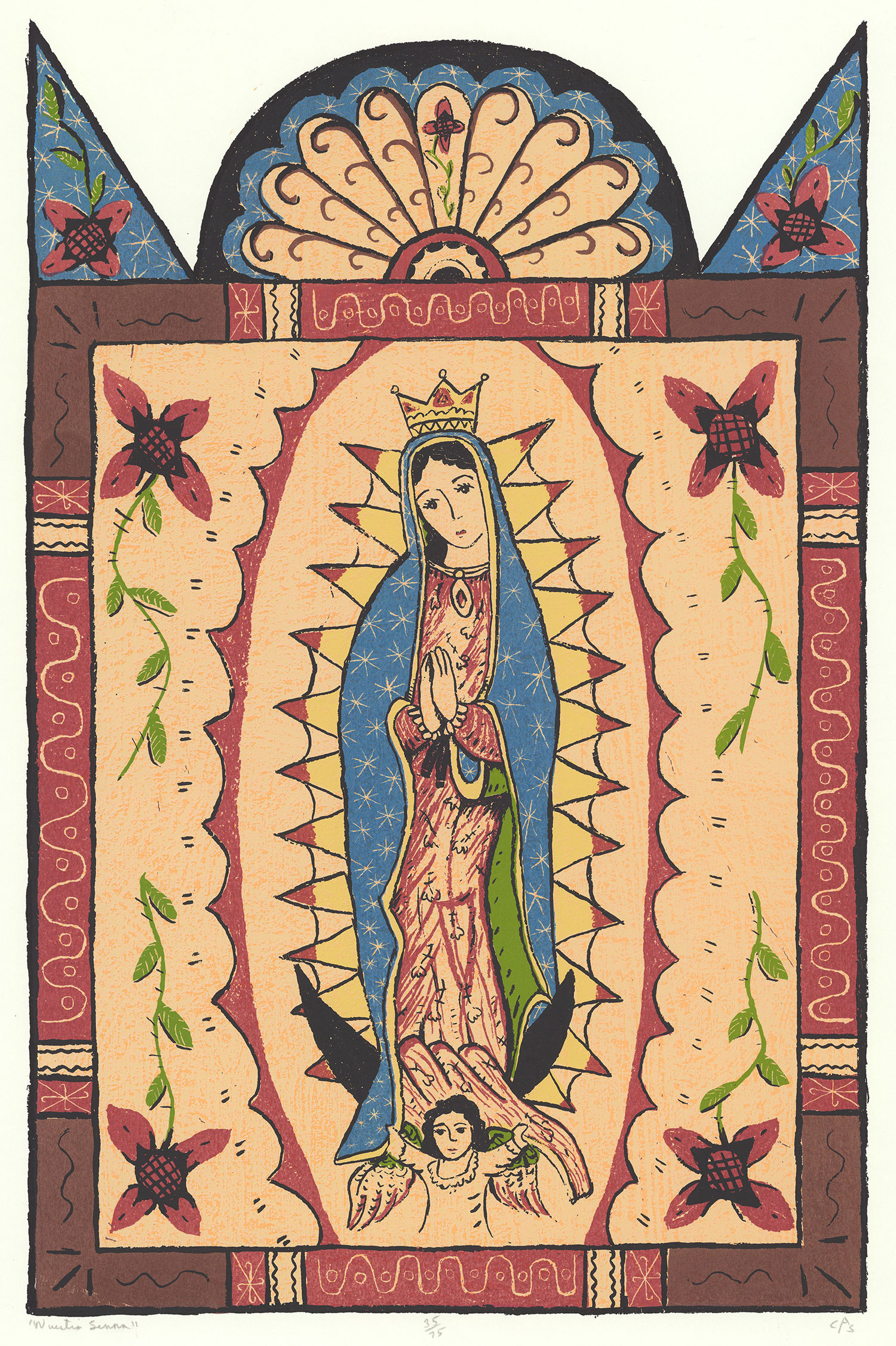 00715-D2-2021.11.10 Drawing of the Virgin Mary her hands clasped as she gazes down to an angel at her feet.