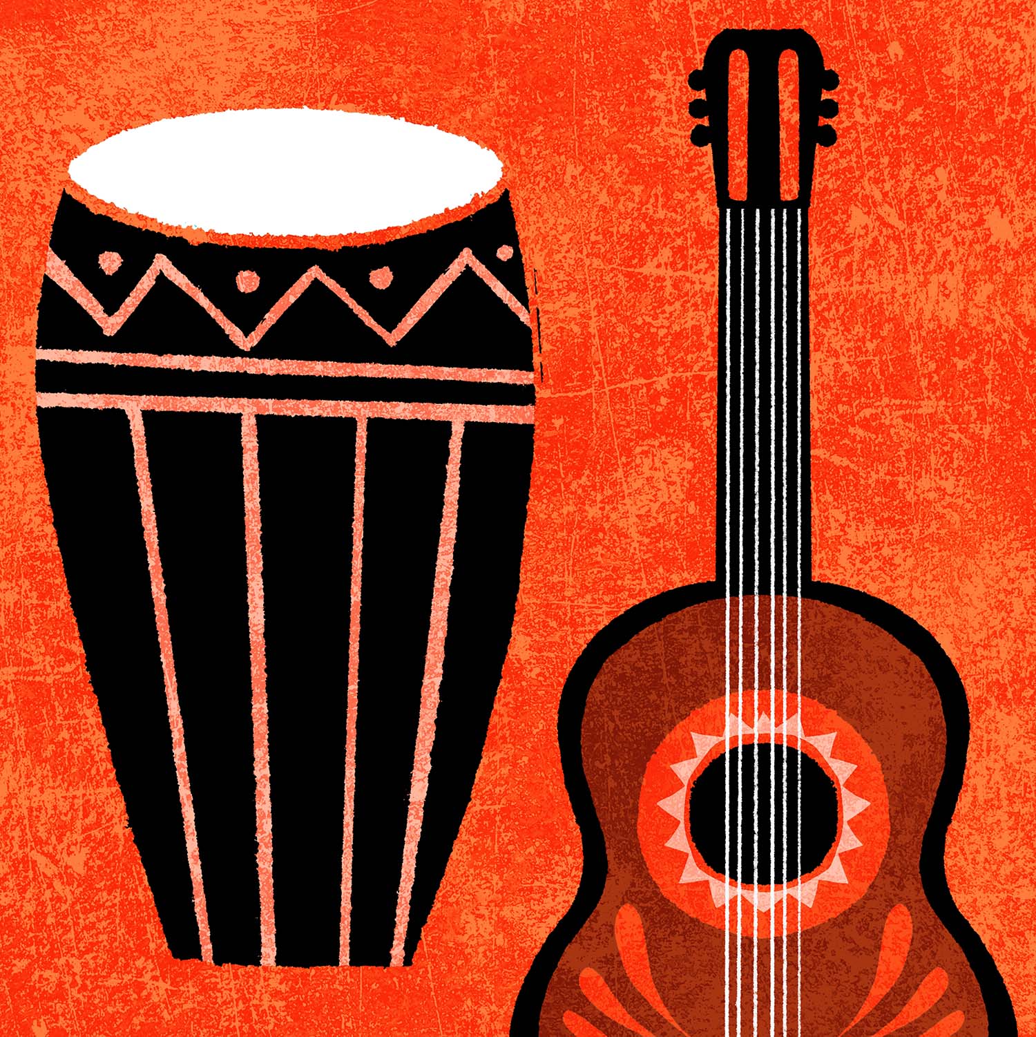 L2-0000830-D1-2022.09.09 Digital illustration of a conga, a tall, narrow drum, and a guitar next to it.