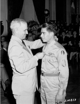 Macario Garcia Army Staff Sgt. Macario García receiven a medal from on of his superiors. Both men are wearing military uniforms.