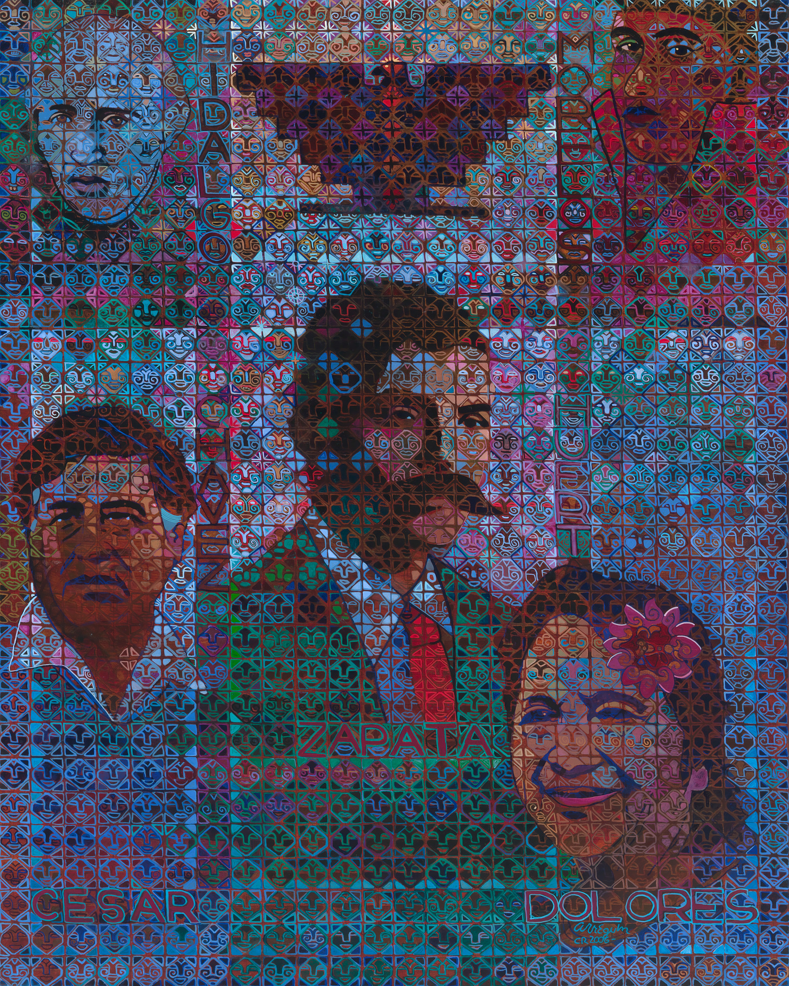 The Return of Aztlan Painted collage of leaders Cesar Chávez, Dolores Huerta, Miguel Hidalgo, José María Morelos, and Emiliano Zapata.