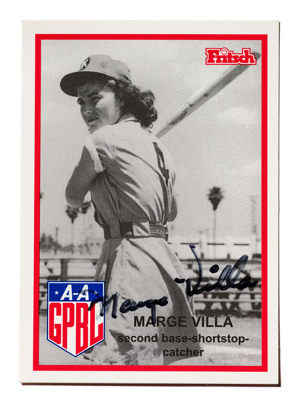 Margaret Villa Signed AAGPBL baseball card of “Marge Villa” posing with bat.